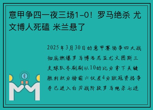 意甲争四一夜三场1-0！罗马绝杀 尤文博人死磕 米兰悬了