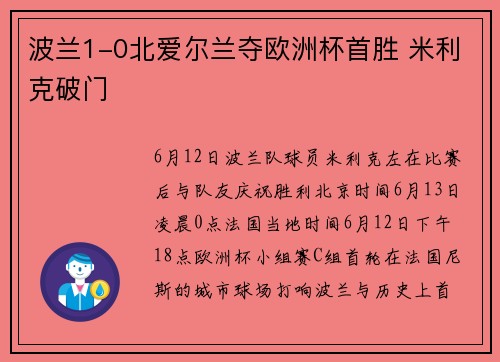 波兰1-0北爱尔兰夺欧洲杯首胜 米利克破门