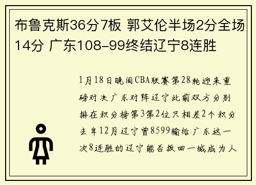 布鲁克斯36分7板 郭艾伦半场2分全场14分 广东108-99终结辽宁8连胜